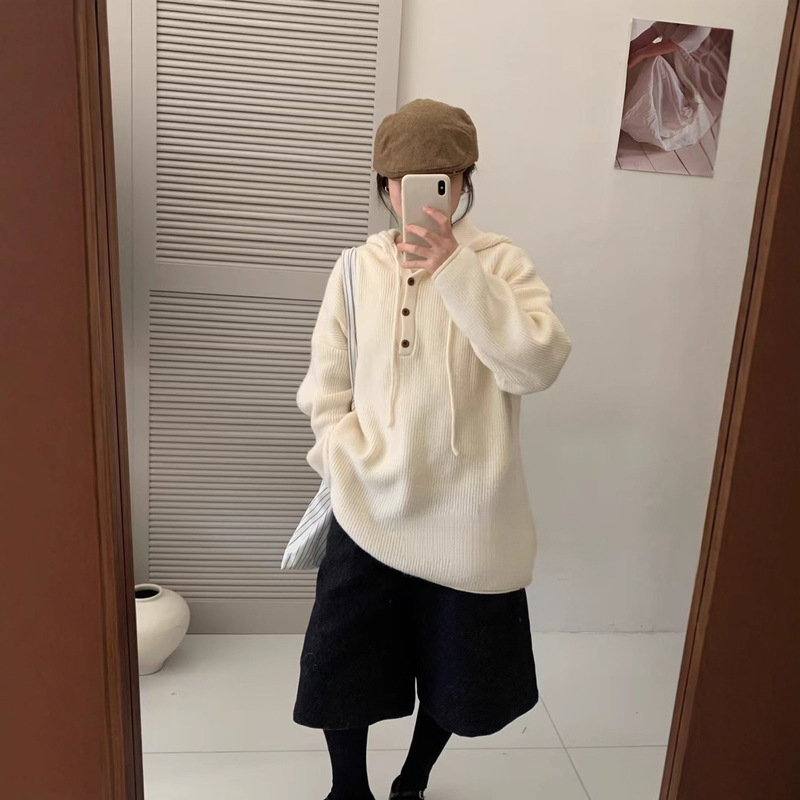 韩系纽扣半开领连帽针织衫女中长款慵懒风宽松休闲套头毛衣卫衣潮|undefined