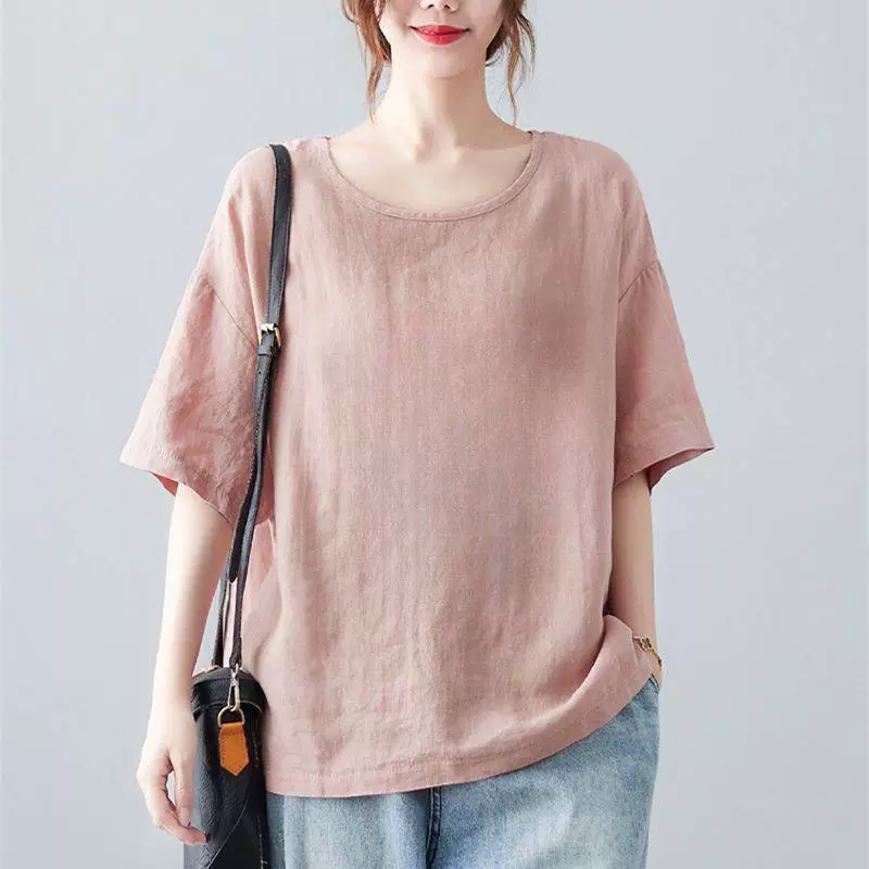 Повседневные однотонные ретро-литературные топы 2025 года, новые свободные женские хлопковые и льняные топы с короткими рукавами, облегающие и универсальные, больших размеров