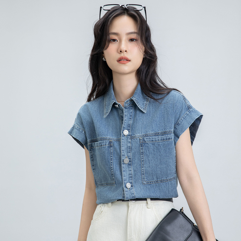 Retro Short-Sleeved Lapel Denim Shirt for Women Summer Thin Hong Kong Style Casual Small Loose Cardigan Shirt Top