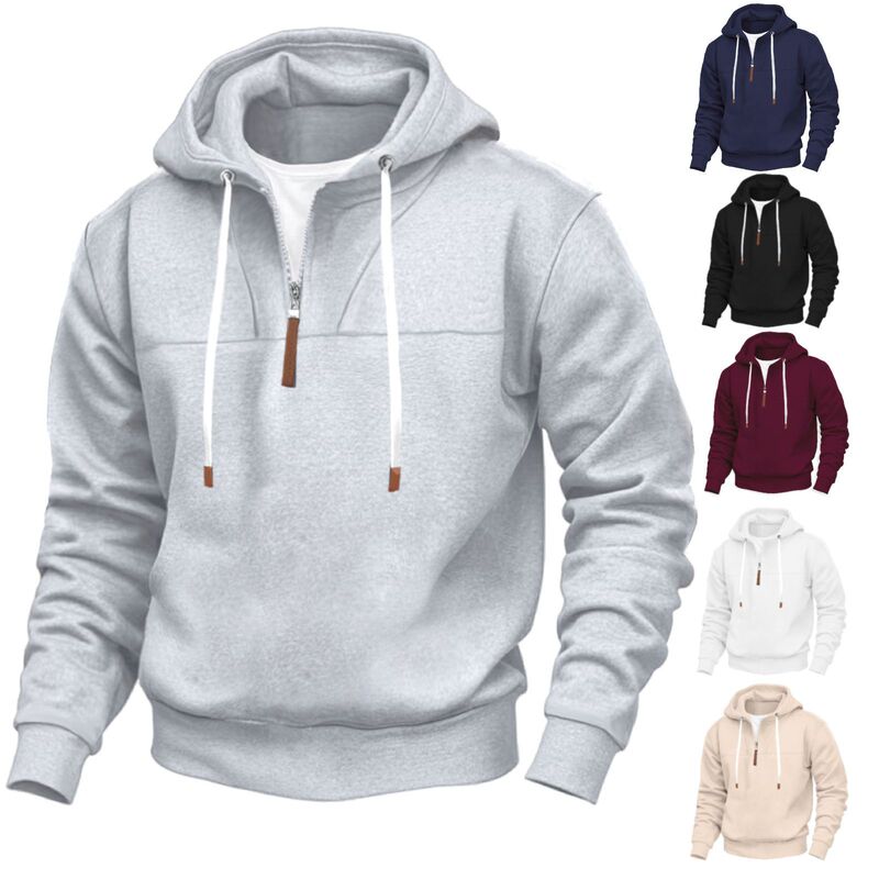European and American Cross-border American Men's fleece-lined Half-zipper Trendy Hooded Long-sleeved Loose Men's Spring and Autumn Amazon Hot Selling