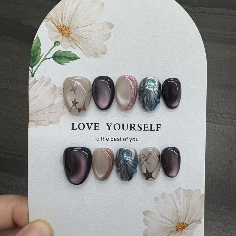 Daewoo Manicure Purely Handmade Wearable Nails Ultra Short Oval Shape Blue-Purple Classic Cat Eye Color Scheme 3D Mermaid Design Daewoo Manicure Purely Handmade Wearable Nails Ultra Short Oval Shape Blue-Purple Classic Cat Eye Color Scheme 3D Mermaid Design