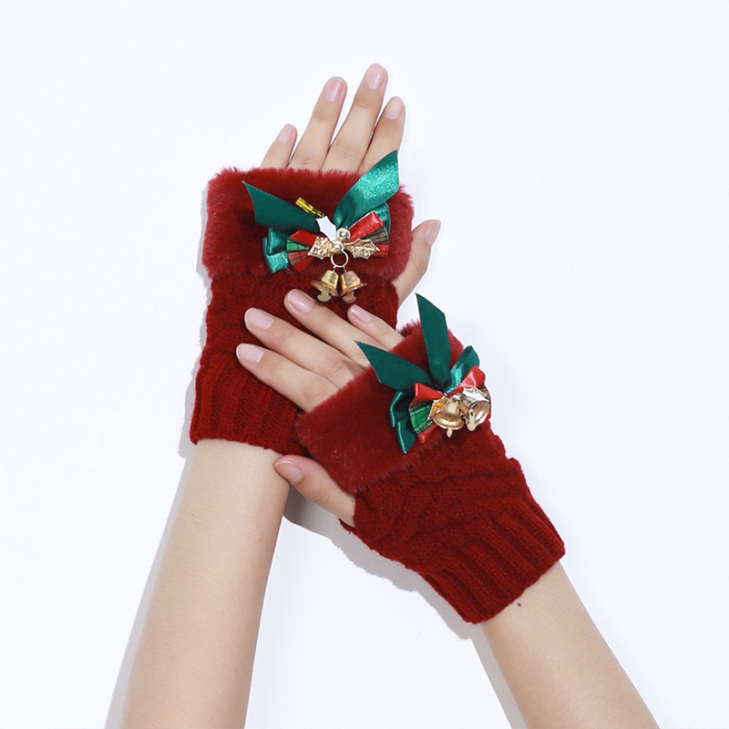 New knitted wool autumn and winter jacquard plaid bow Christmas warm half finger gloves wholesale_voghion.com