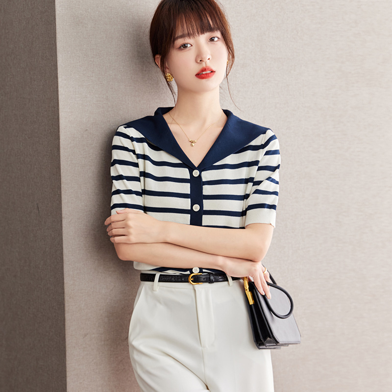 Real Shot of 2025 Summer New Stripesd Ice Silk Knitted Cardigan for Women Korean Style Navy Collar Contrasting Color Thin Chic Top