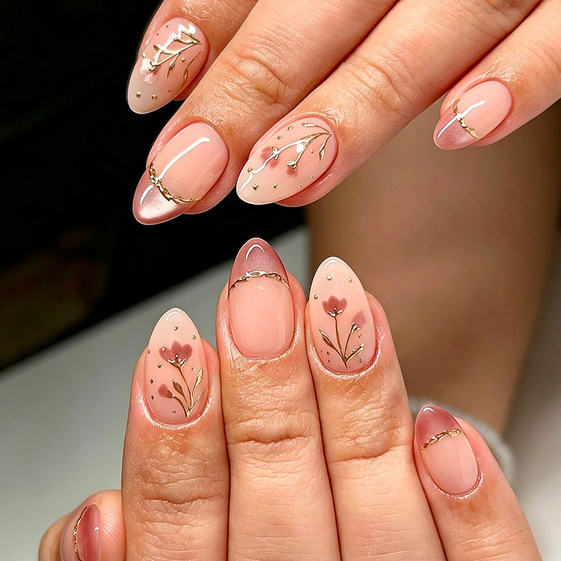 30 pieces of French-style gold-edged cat-eye press-on nails, light luxury rose gold floral nail art, finished nail pieces, direct supply from manufacturer, wholesale