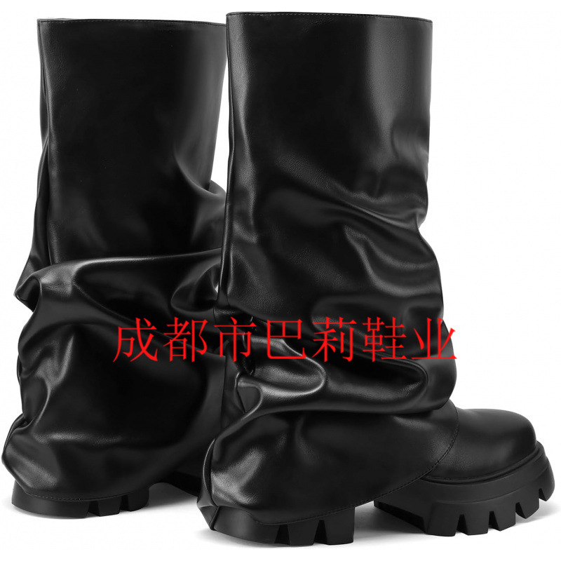 女式折叠靴休闲靴宽小腿褶皱防水台靴红色中高靴子厚实叠层靴大码|undefined