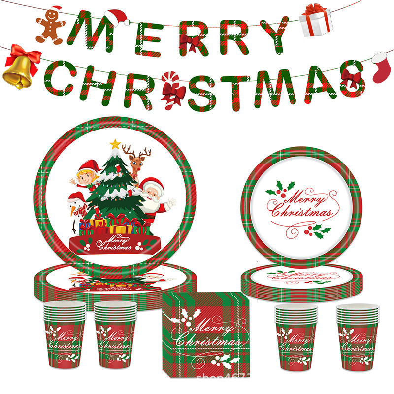 Merry christmasサンタクロースクリスマスツリーパーティーテーマ使い捨て紙皿紙コップティッシュ食器|undefined