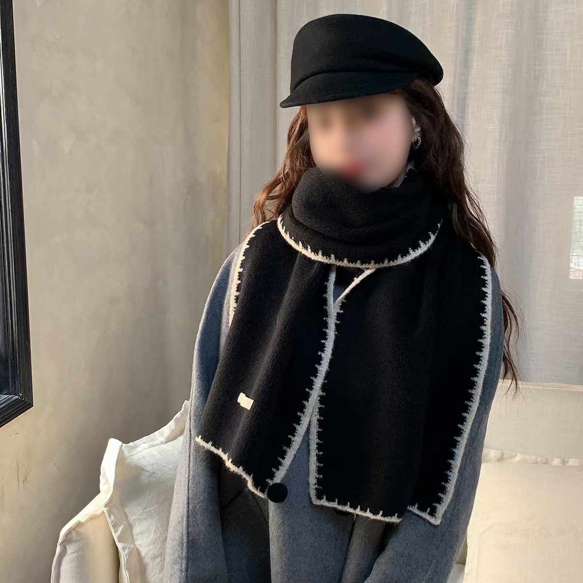 Winter New Style Scarf with Atmospheric Border Design, Knitted Wool Shawl, Unique Design, Versatile for Men and Women, Couple's Neck Warmer