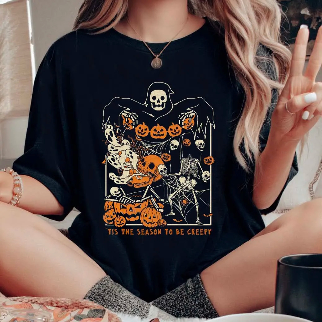182g Weight Short Sleeve Sleeve Length Pullovers Placket Type Cotton Fabric Type Long Top Length T-shirt Tops Type Holiday Occasion Round Neck Neckline Regular Fit Fit Type Halloween Festival Pumpkin, Skull Pattern Summer, Spring Season Women's Gender Printing Design Streetwear Style Wholesale Women's Streetwear Pumpkin Skull Short Sleeve Printing T-Shirts 5