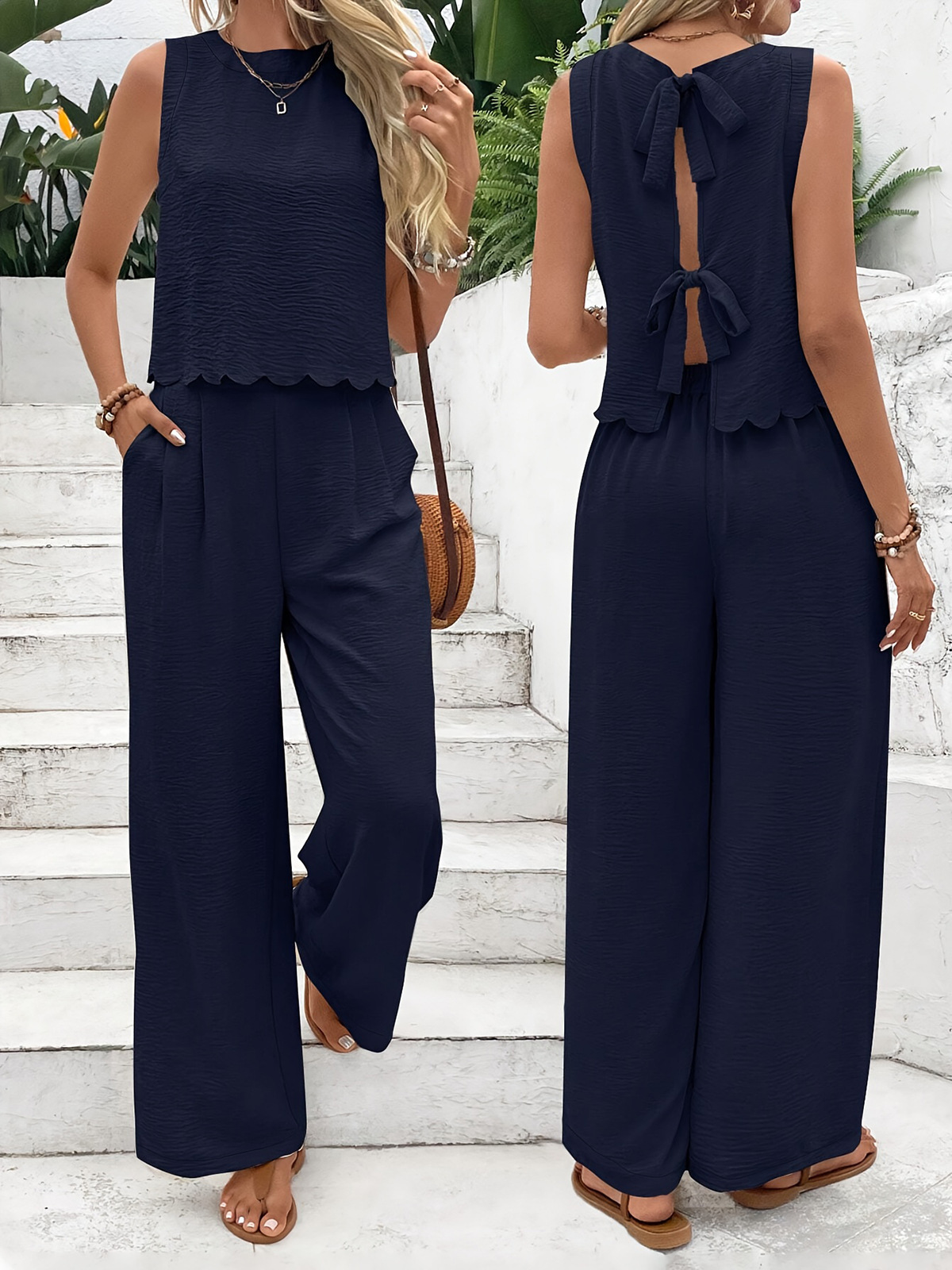 357g Weight Sleeveless Sleeve Length Polyester Fabric Type Pant Co-ord Set Sets Type 2 Pieces Set Quantity Casual, Street Occasion Round Neck Neckline Regular Fit Fit Type Solid Color Pattern Summer Season Women's Gender Casual, Classic Style Style Casual Street Women's Casual Classic Style Solid Color Polyester Pant Co-ord Set Pants Sets 17