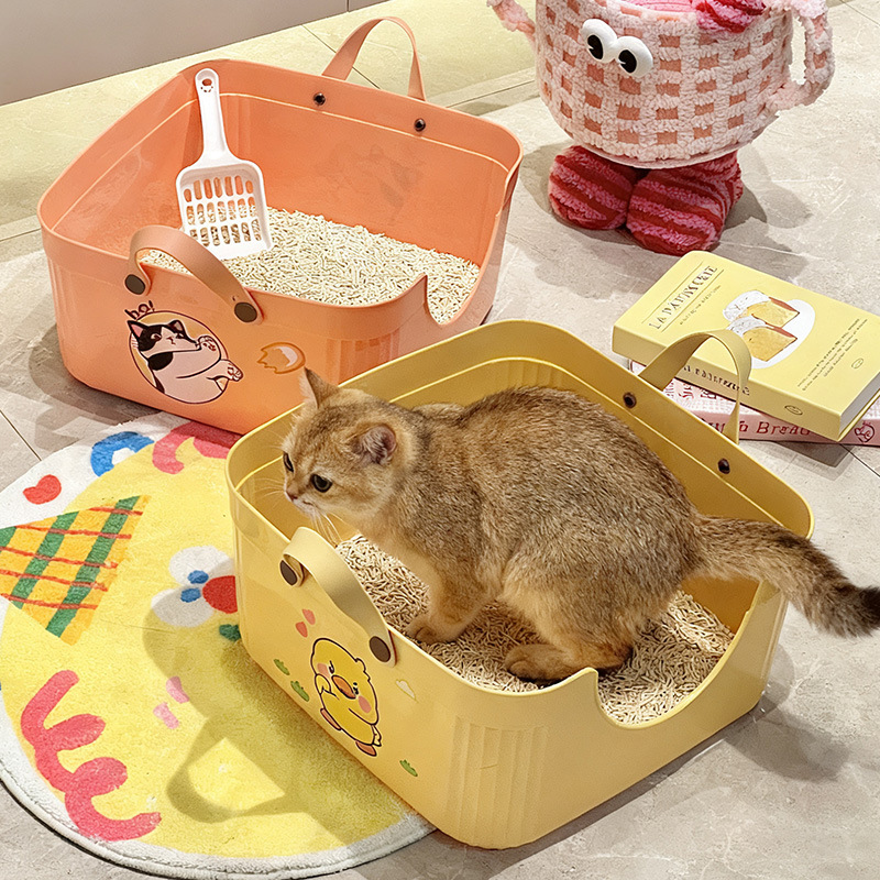 Baja de arena abierta para gatos de alta envoltura de borde anti-splashing inodoro para gatos semicerrado para enviar arena para gatos de pala de arena portátil para excrementos de gatos