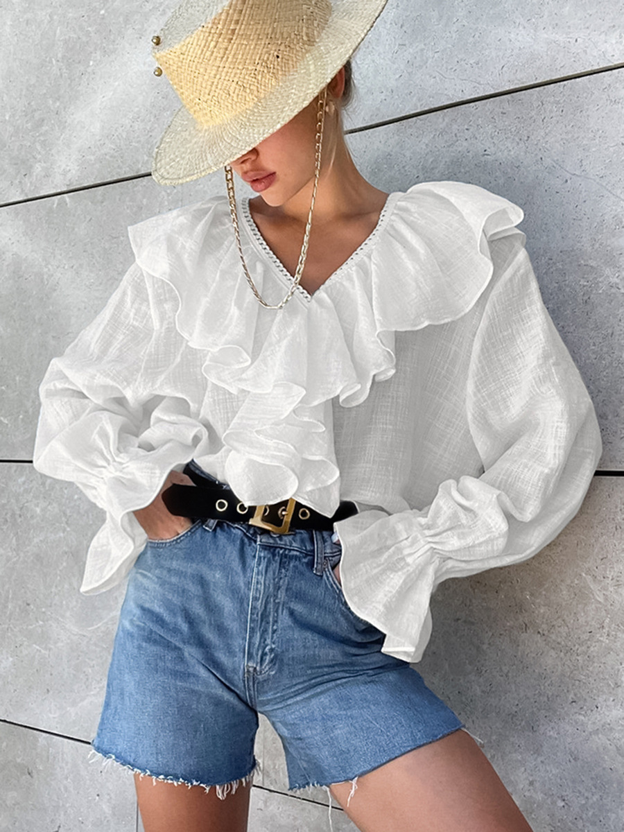 Camisa de mujer con cuello en V y bordes de loto, interior de algodón puro, diseño de otoño 2024