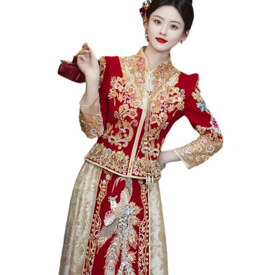 Xiuhe Dress Bride's Wedding Dress 2024 New Slimming Champagne Style Wine Dress New Chinese Style Wedding Dress Heavy Industry Velvet