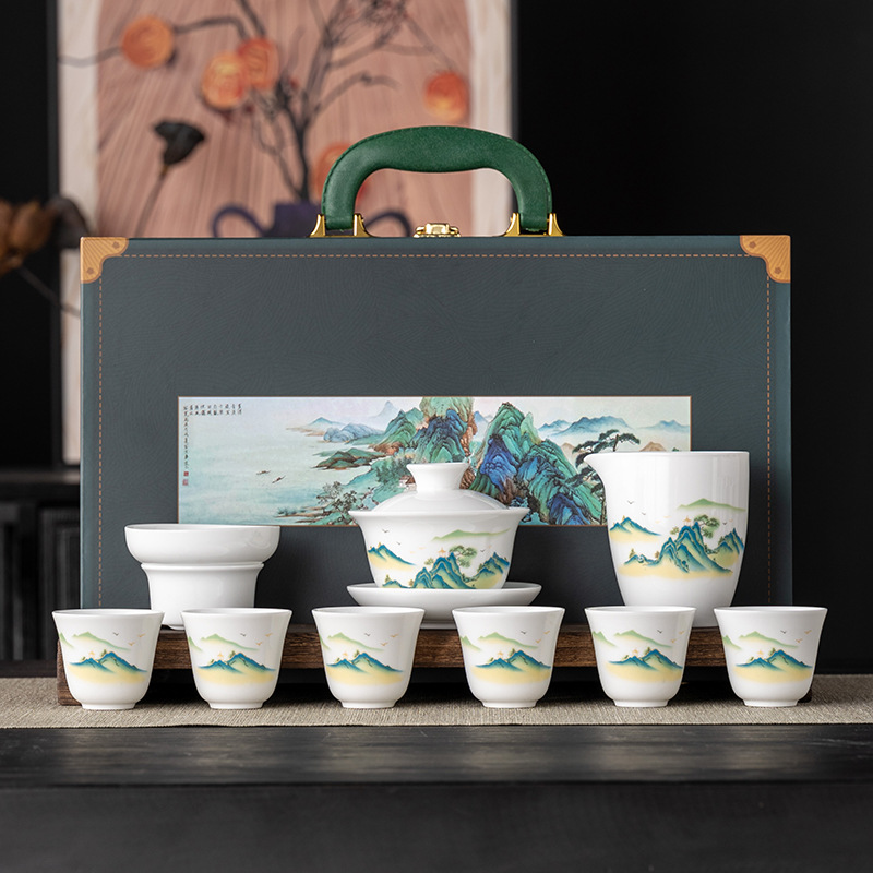 Lamb fat jade white porcelain tea set large-sized Sancai Tea Bowl…