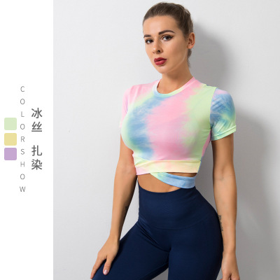 new pattern summer Yoga suit Cross border Europe and America Large Bodybuilding jacket Navel tie-dyed Short sleeved motion 1rd720