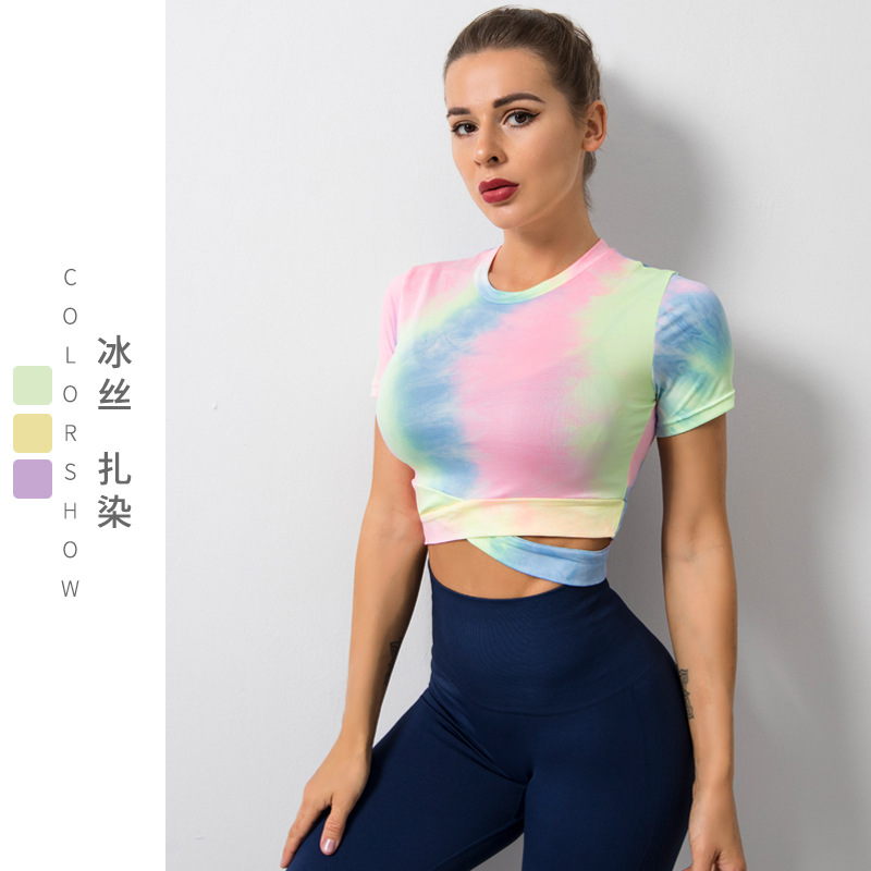 new pattern summer Yoga suit Cross border Europe and America Large Bodybuilding jacket Navel tie-dyed Short sleeved motion 1rd720