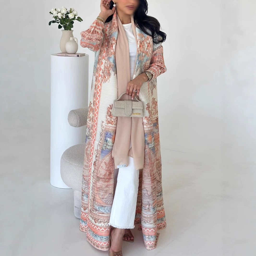 Плиссированное пальто Miyake для женщин, популярное на Ближнем Востоке, осеннее повседневное пальто-накидка с принтом, арабский халат для трансграничной торговли.