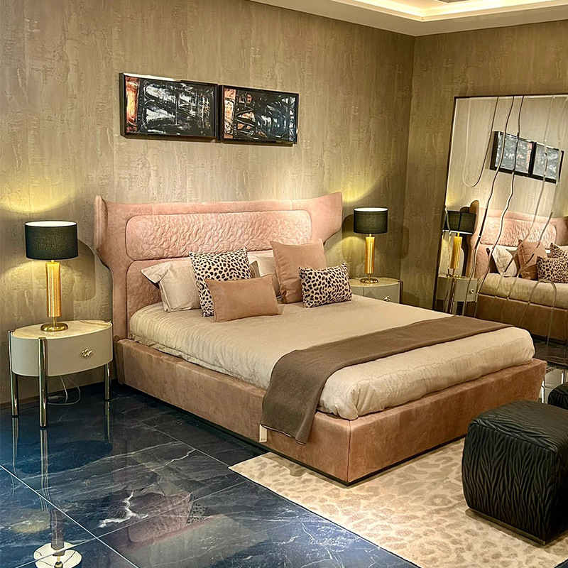 Italian leather bed, Robert luxury villa high-end master bedroom double soft package wedding bed, designer whole house 
