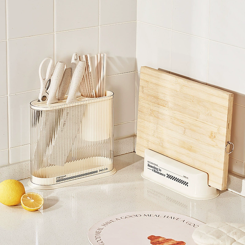 Kitchen storage organizer, cream knife and cutting‑board holder, compact plastic multi‑function