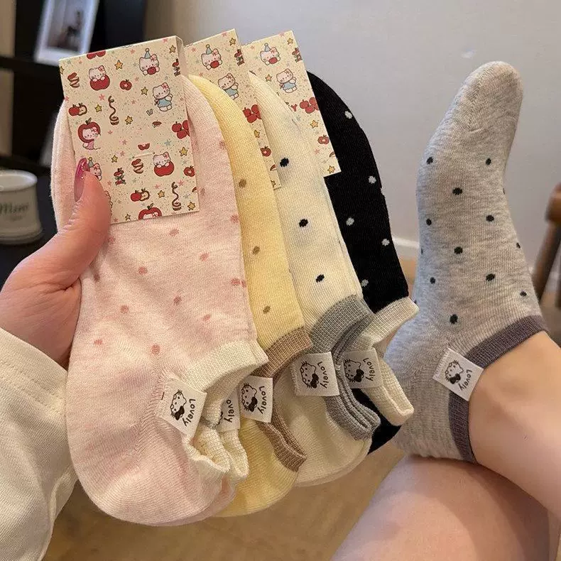 日系可爱卡通布标小猫咪船袜波点甜美多巴胺透气硅胶不掉跟春夏