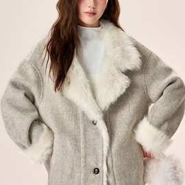羊驼绒双面呢夹克外套女短款设计感韩版小个子时尚皮毛领羊绒大衣