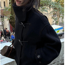 金敏喜同款黑色牛角扣短款呢子大衣女 小个子韩系双面羊毛大衣女