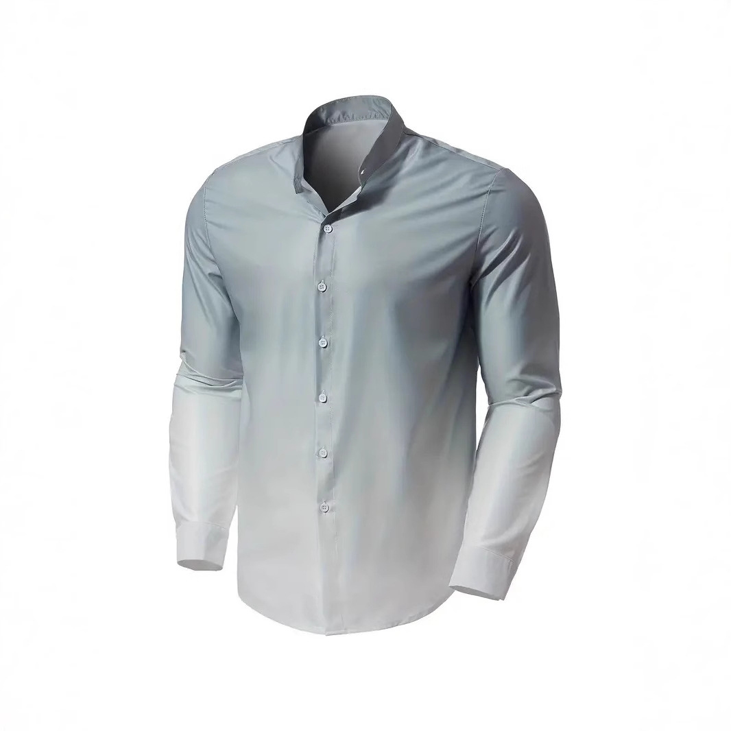 Camisa de manga larga con color degradado de estilo universitario de vitalidad juvenil, cómoda y transpirable, cuello alto que absorbe el sudor, top de un solo pecho MB29