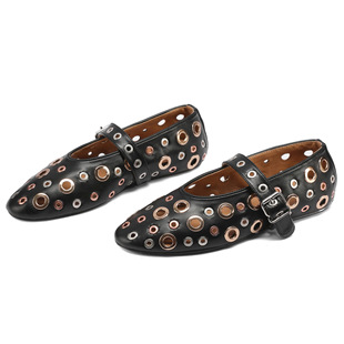 2025 Export Spring and Summer Metal Rivet Mary Jane Shoes Women's Large Size Round Toe Flats Bottom One-Line Hollow Ballet Shoes