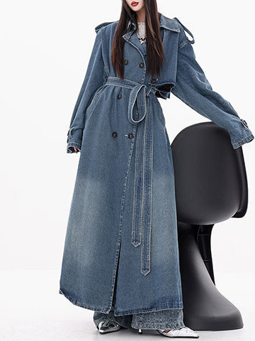 Vintage Blue Denim Coat Women's Spring Loose All-match Washed Old Profile Mid-length Waist Coat
