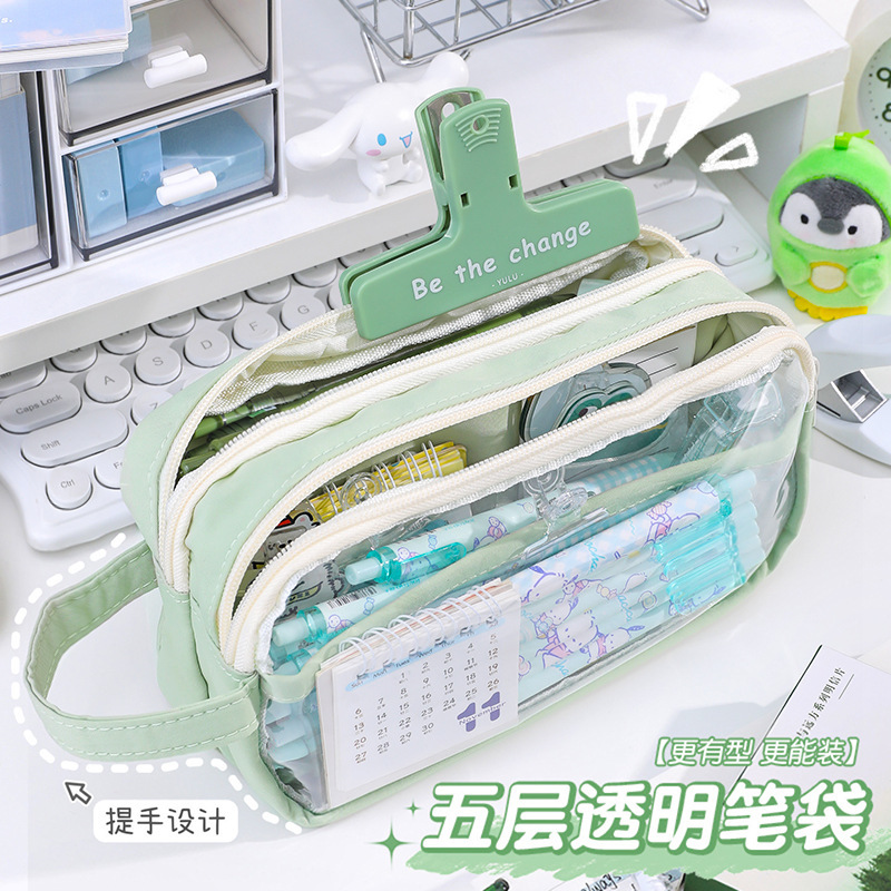 Caja de lápiz transparente de gran capacidad de tres capas chica Escuela Secundaria primaria estudiante caja de lápiz caja de papelería simple bolsa de almacenamiento