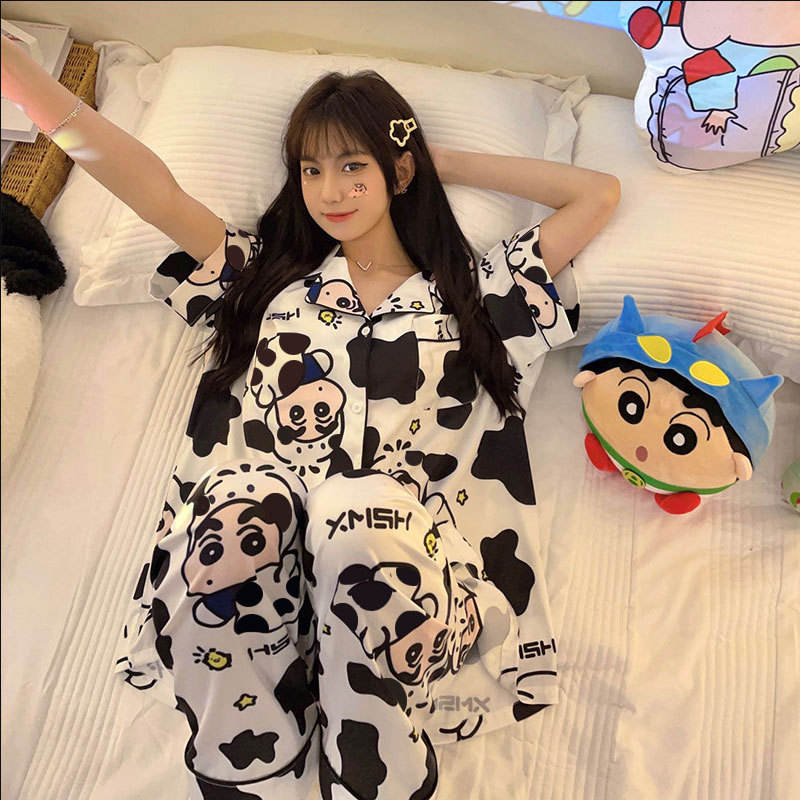 Pantalones de manga corta pijamas para mujeres 2023 nuevo otoño y verano estilo coreano dibujos animados linda chica corazón crayón Xiaoxin ropa para el hogar para mujeres