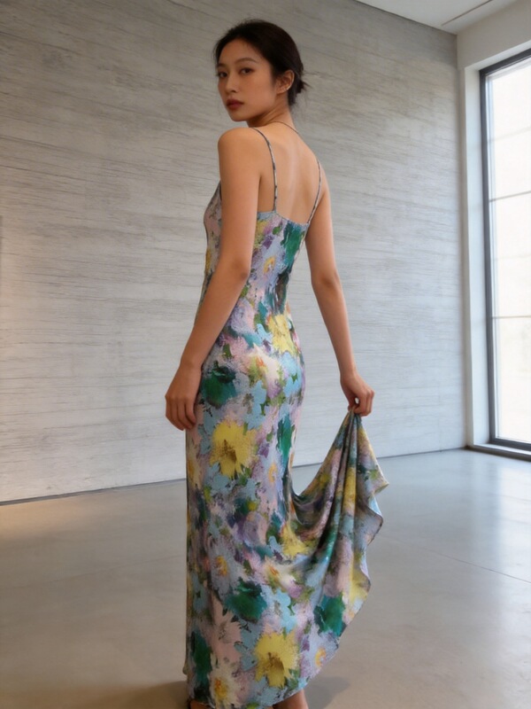 French-Style Acetate Slip Dress for Women, Summer 2025, V-Neck Slim Fit Satin Printed Fishtail A-Line Dress