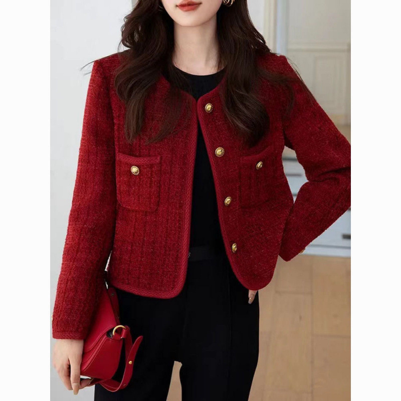 Z2024 New wine red Chanel Style Coat Women's Spring and Autumn French Style Elegant All-match Socialite Tweed All-match Top
