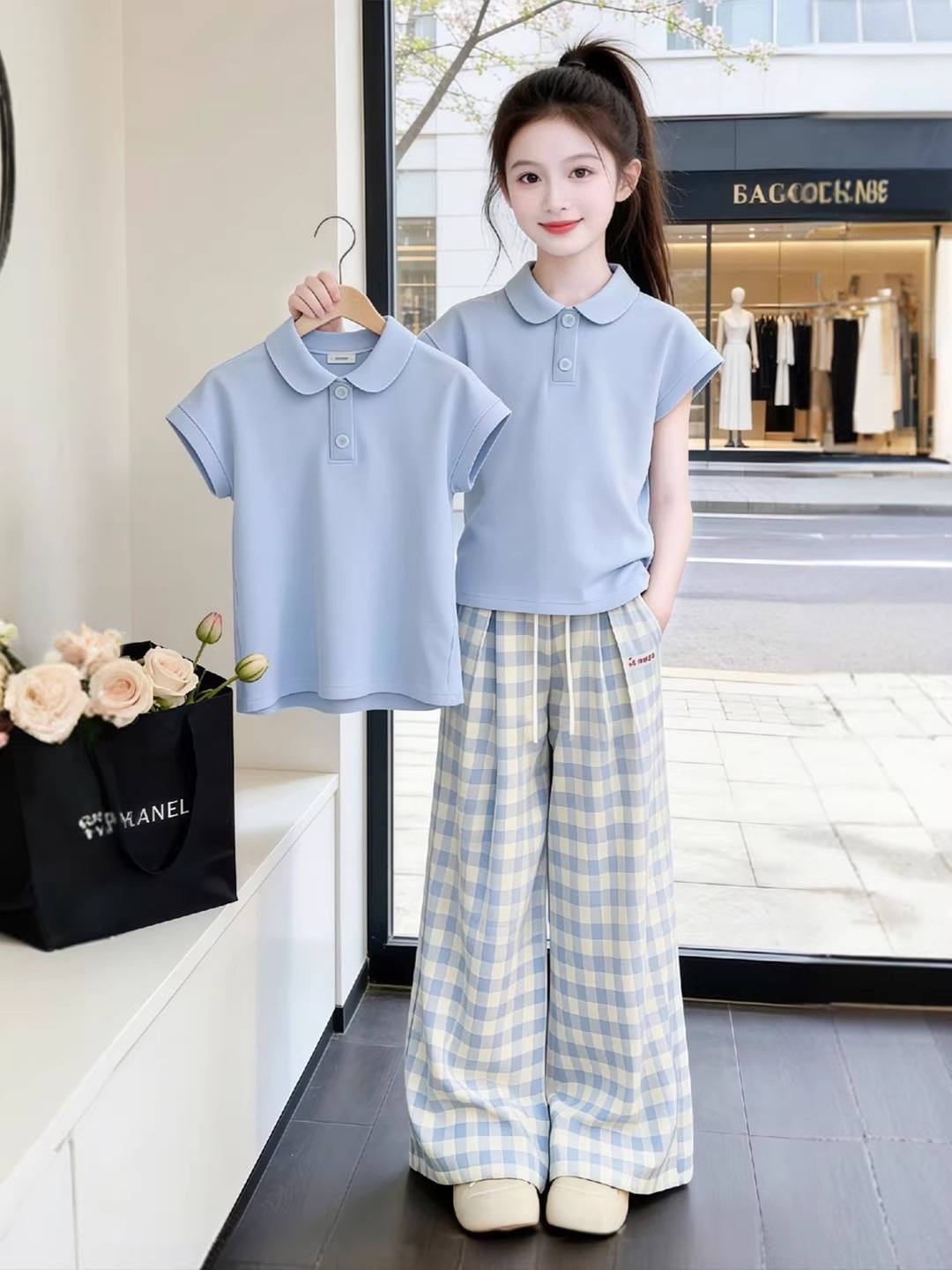 Girls' School Style Summer Set 2026 New Children's Short-Sleeve T-Shirt and Wide-Leg Pants Two-Piece Set