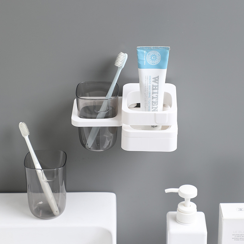 Porta spazzolino e dentifricio minimalista e creativo per il bagno, senza foratura, pieghevole, con ventosa e supporto per bicchiere per collutorio._voghion.com
