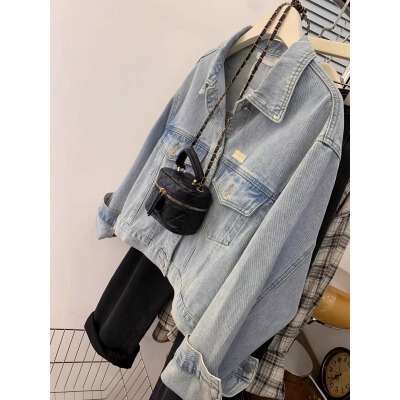 American Retro Blue Short Denim Jacket Women's Spring Autumn Autumn Winter Right Shoulder Small Jacket 2024 Thirteen New Lines