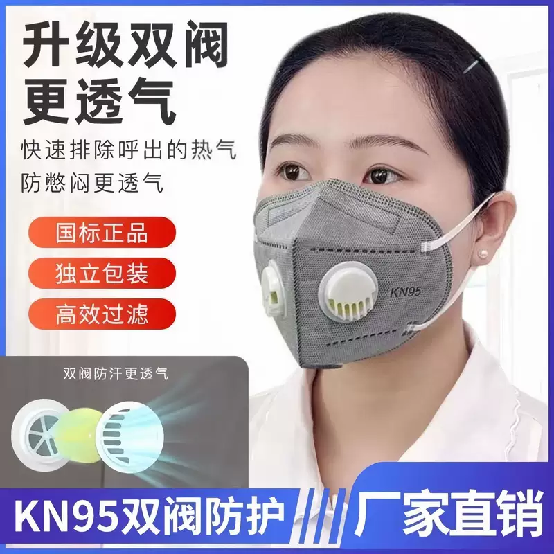 หน้ากากอนามัยของแท้ N95 พร้อมวาล์วหายใจคู่ ป้องกันฝุ่น กลิ่นอันตรายจากงานอุตสาหกรรมและสี 7 ชั้น ระดับป้องกันขั้นอุตสาหกรรม KN95