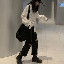 显瘦大破洞牛仔裤女乞丐秋季新款韩版宽松bf高腰直筒阔腿九分裤潮