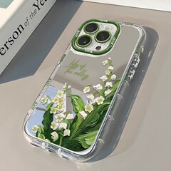 Iphone16 promaxクリーム鏡面携帯ケース油絵緑葉すずらんリンゴ15夏14花