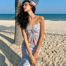 欧美ins风跨境新款性感双层网纱吊带修身中裙纯欲风碎花套装女款