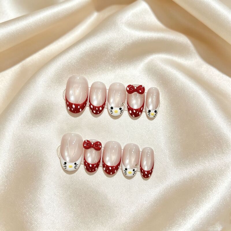 【Made in Shenzhen】Polka Dot Hello Kitty Handmade Wearable Nails, Whitening Nail Art Stickers, Nail Patches