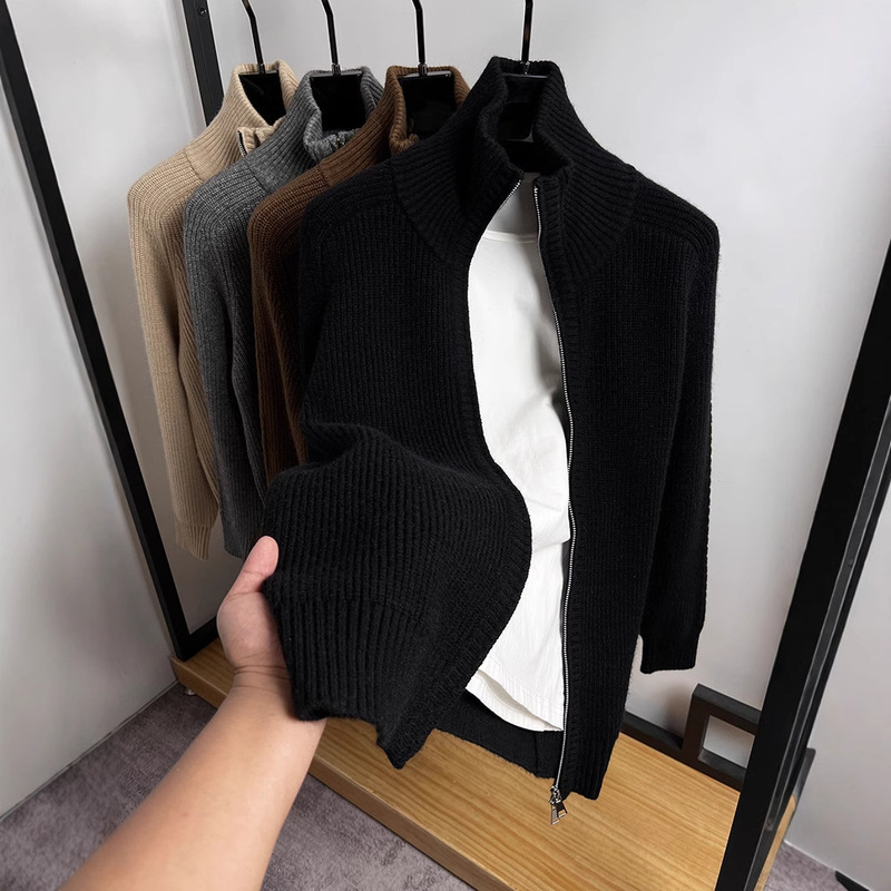 Double Zipper Turtleneck Cardigan Men's Knitwear Autumn and Winter Thick Sweater Coat Men's Solid Color Jacket Coarse Sweater