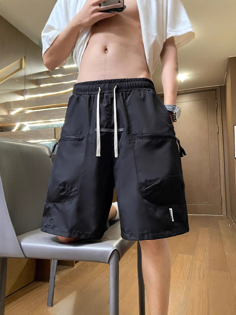 Camisas menos ropa pantalones de cinco puntos sueltos casuales delgados de verano para hombres, pantalones de playa de secado rápido con cremallera de varios bolsillos, pantalones de hombre