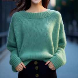 绿色长袖毛衣女士秋冬新款软糯上衣韩版简约通勤宽松针织衫图片色