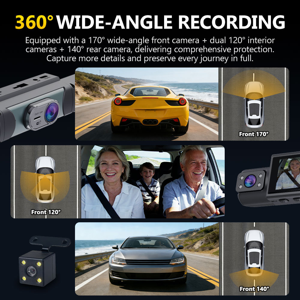Cross-border four-lens dashcam with WIFI connection, night vision, 1080P quad-view display, and reverse camera monitoring