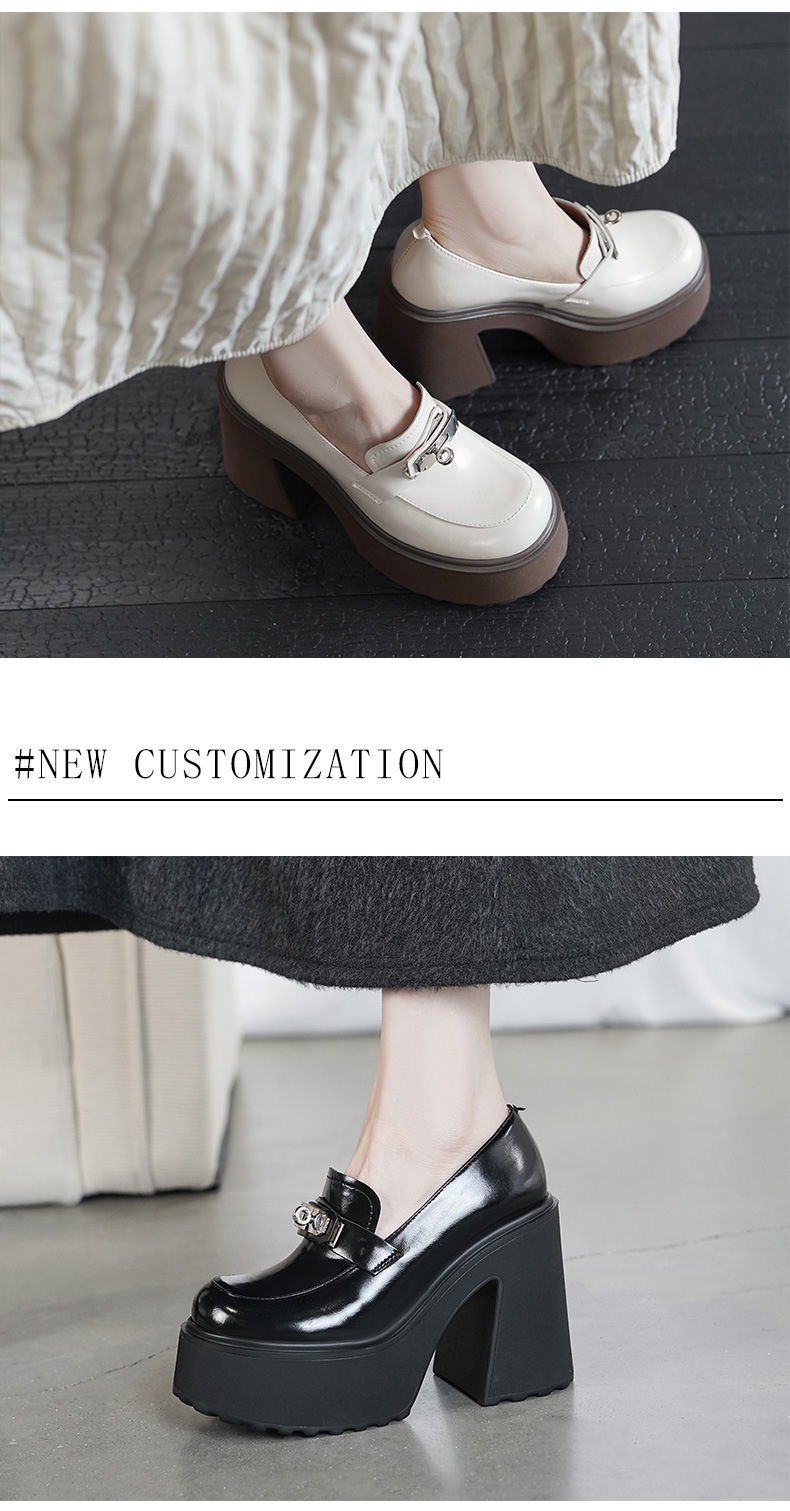 Giày loafer nữ đế xuồng platform gót cao 12 cm khóa cài da thật — màu đen chi tiết 2