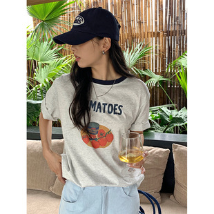 Huang Zheng Korean Style New Contrast Color Round Neck Short High Waist Loose T-Shirt Tomato Print Chic Short-Sleeved Women 520486