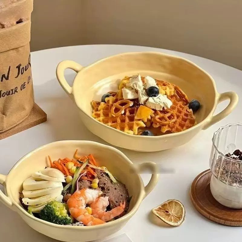 高颜值双耳碗手捏不规则酸奶碗陶瓷碗家用水果沙拉泡面碗汤碗餐具