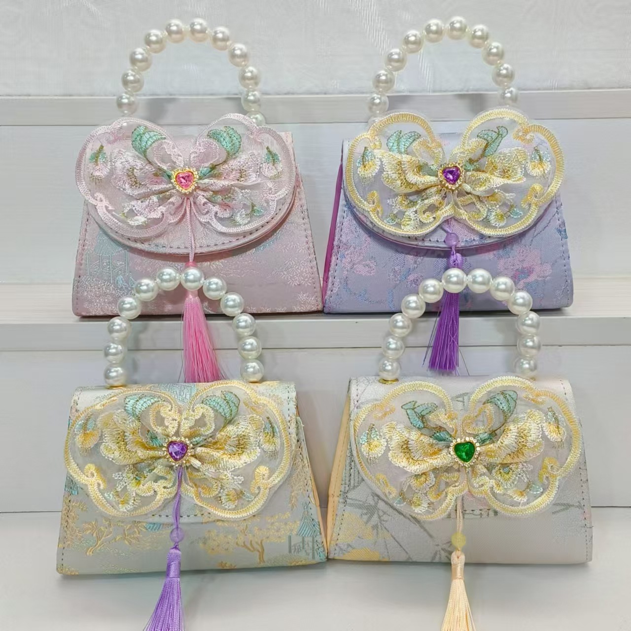 Bolsos de perlas de arco de estilo nacional, bolsos de cadena de princesa, bolsos de ropa antigua, accesorios para niños, bolsos de regalos para niñas