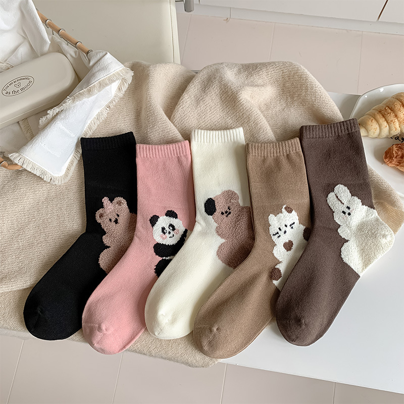 襪子女秋冬新款卡通動物中筒襪純棉吸汗長筒襪無骨日系小熊長襪子