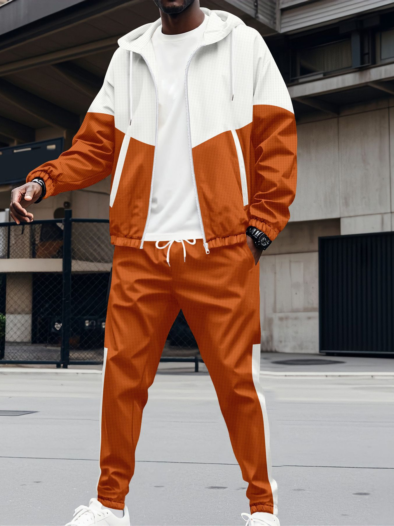 Herren-Trainingsjacke mit Kapuze, Reißverschluss, zwei Taschen, Patchwork-Design, Farbblock-Design, normale Passform, Kurzarm, elegant, aus Polyester_voghion.com